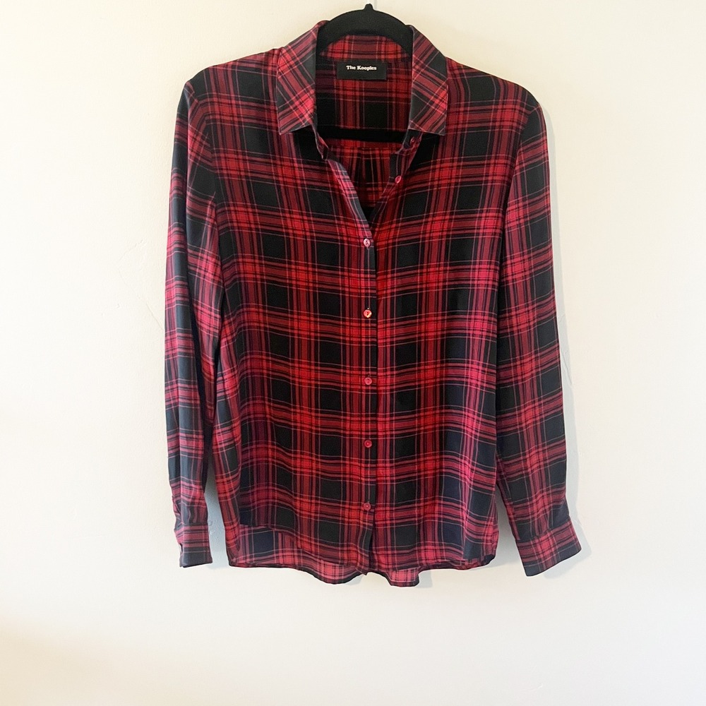 The Kooples Red Black Plaid 100% Silk Button Down Shirt XS Long Sleeve Tartan